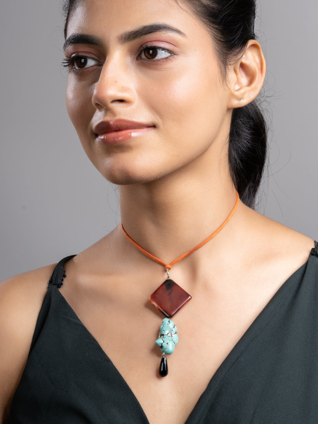 Brown Black Turquoise Onyx Sleek Necklace With Adjustable Suede Cord