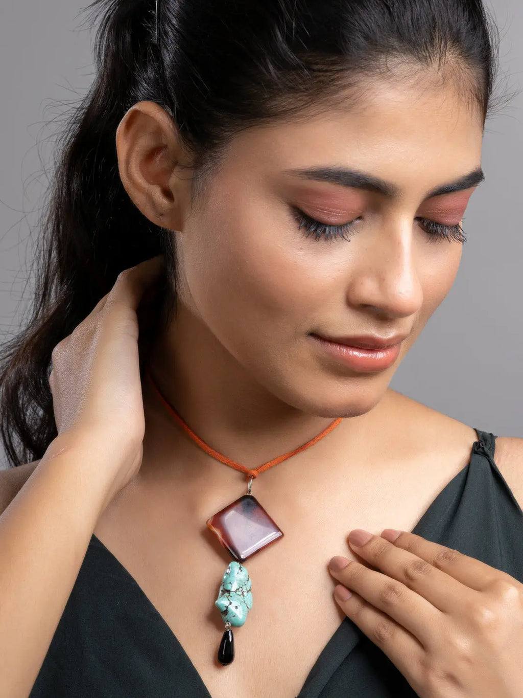 Brown Black Turquoise Onyx Sleek Necklace With Adjustable Suede Cord LOOK AND ADORN - designed for you