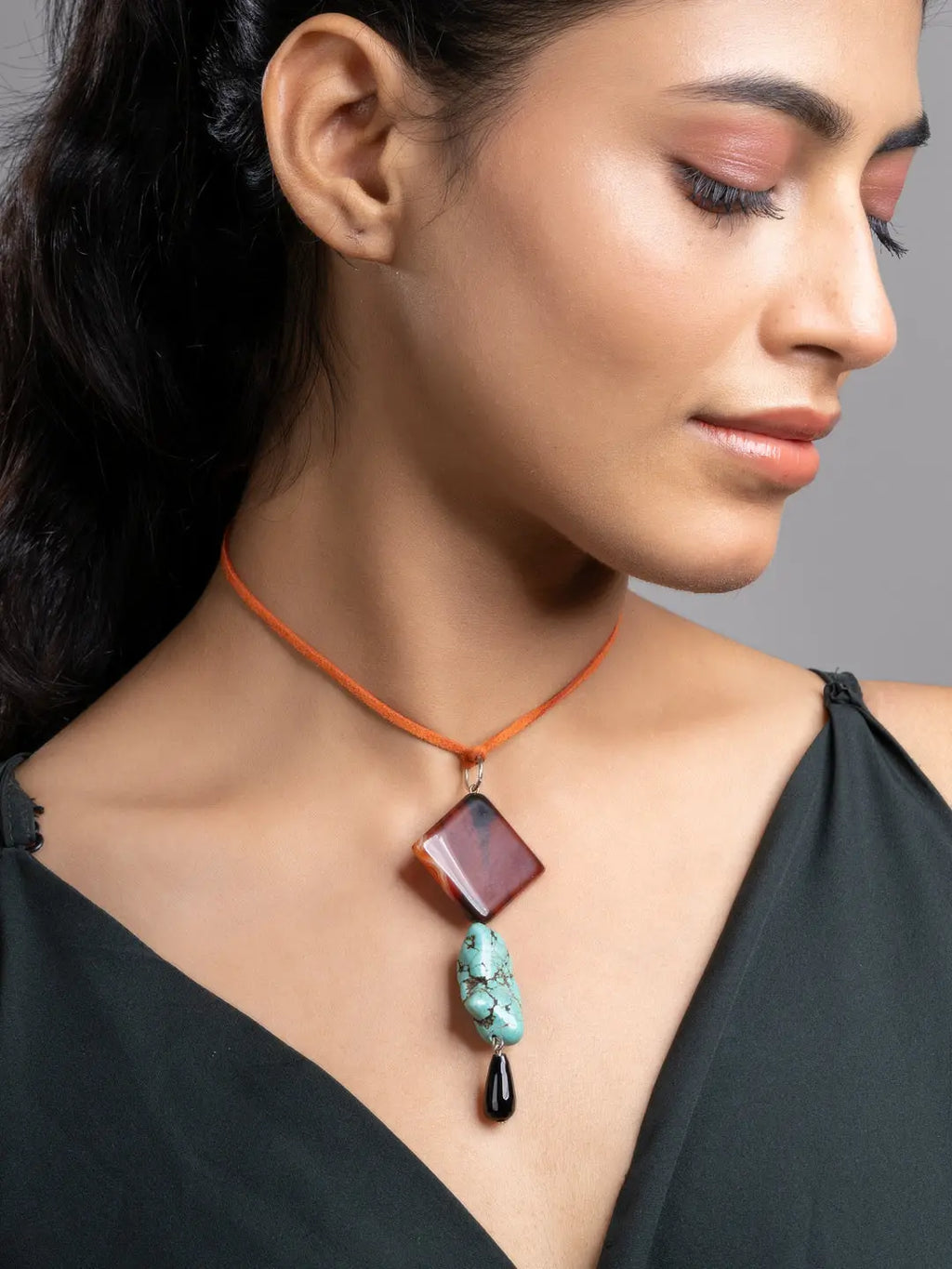 Brown Black Turquoise Onyx Sleek Necklace With Adjustable Suede Cord LOOK AND ADORN - designed for you