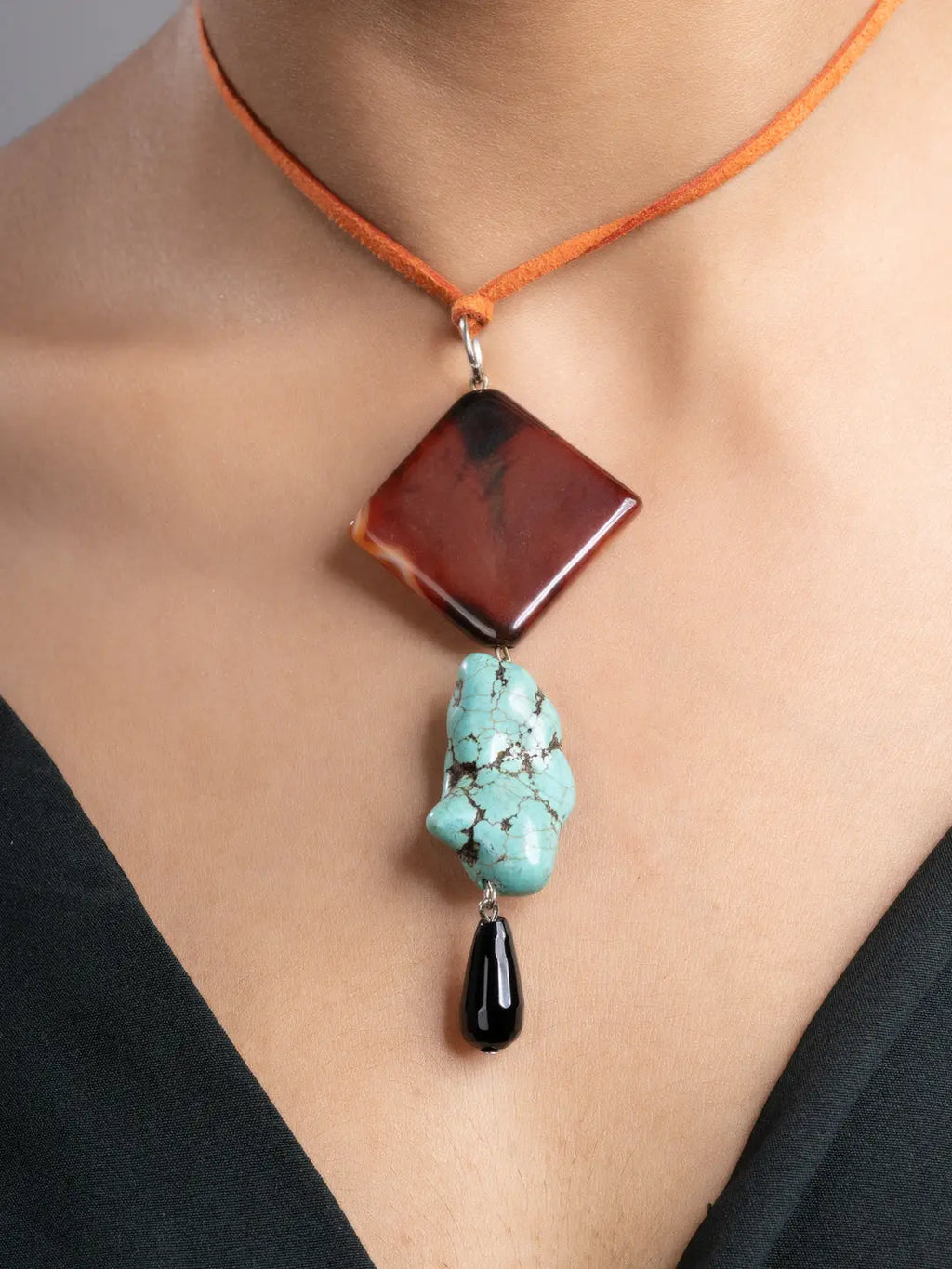 Brown Black Turquoise Onyx Sleek Necklace With Adjustable Suede Cord LOOK AND ADORN - designed for you
