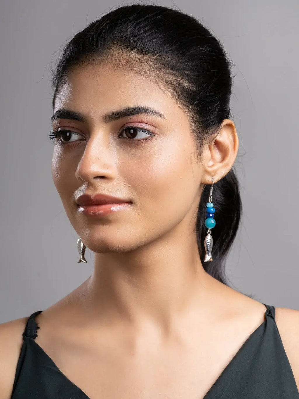 Turquoise Blue German Silver Onyx Agate Fish Earring LOOK AND ADORN - designed for you