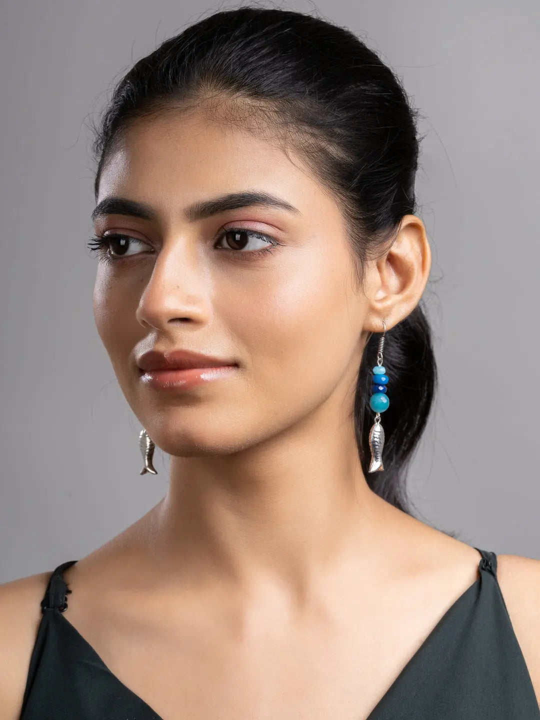 Turquoise Blue German Silver Onyx Agate Fish Earring LOOK AND ADORN - designed for you