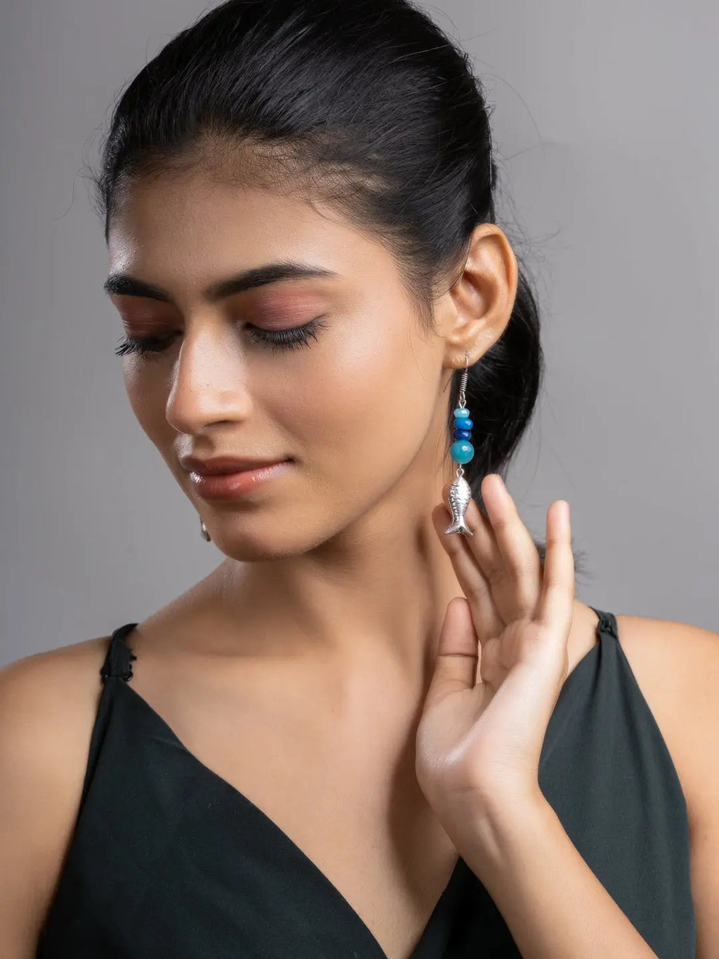 Turquoise Blue German Silver Onyx Agate Fish Earring LOOK AND ADORN - designed for you