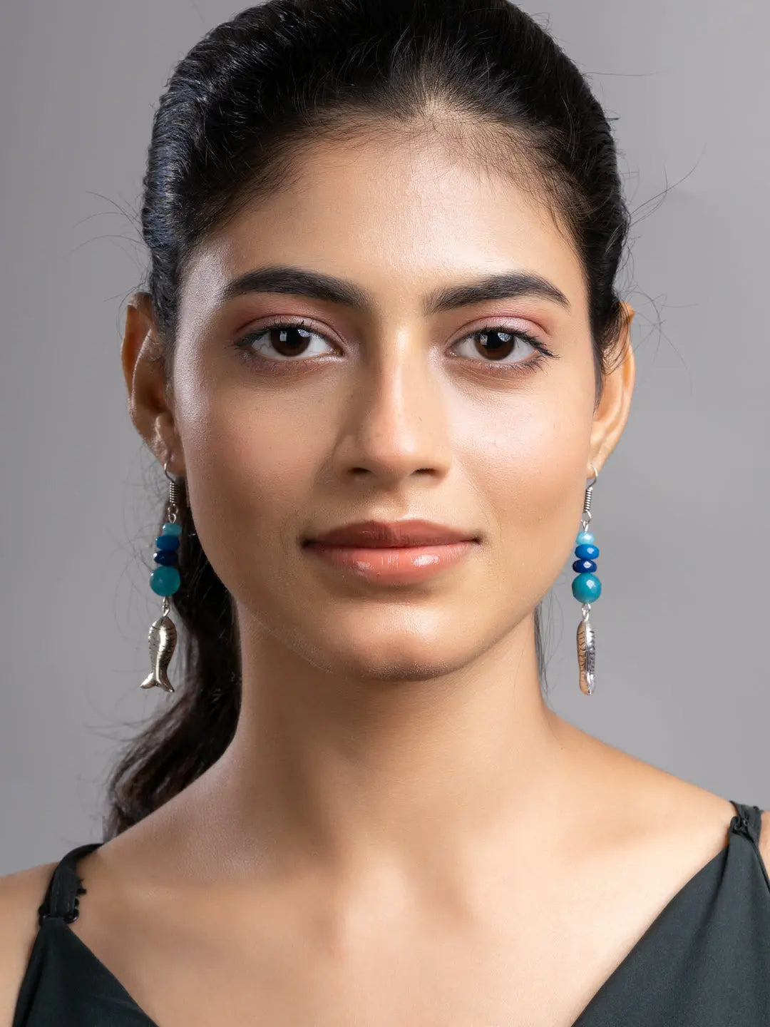 Turquoise Blue German Silver Onyx Agate Fish Earring LOOK AND ADORN - designed for you
