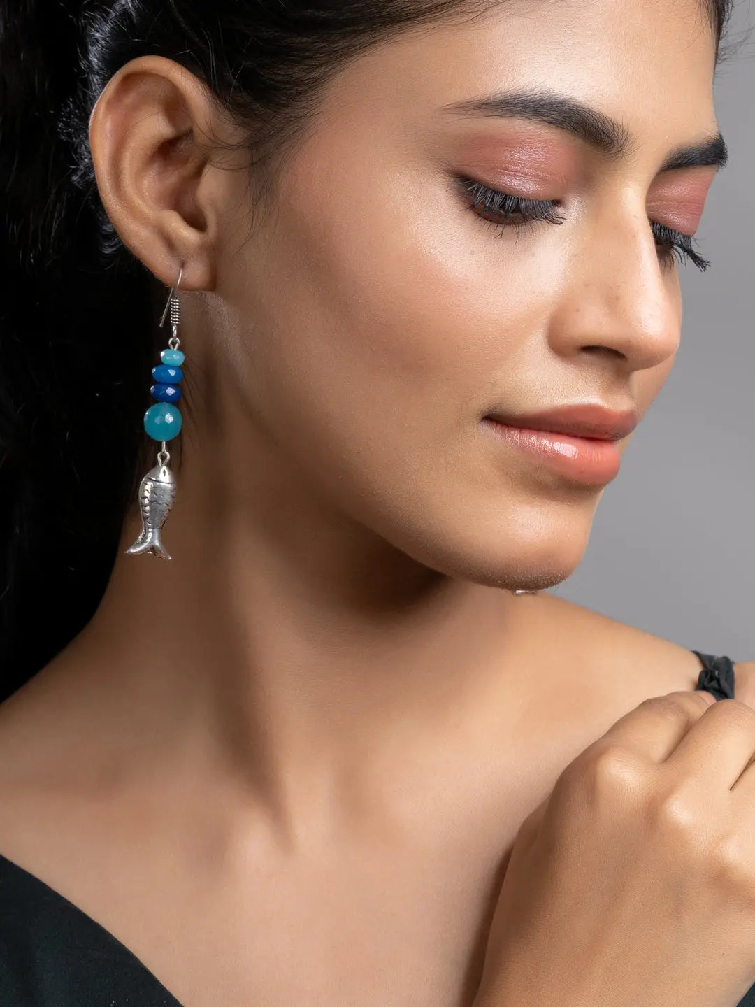Turquoise Blue German Silver Onyx Agate Fish Earring LOOK AND ADORN - designed for you