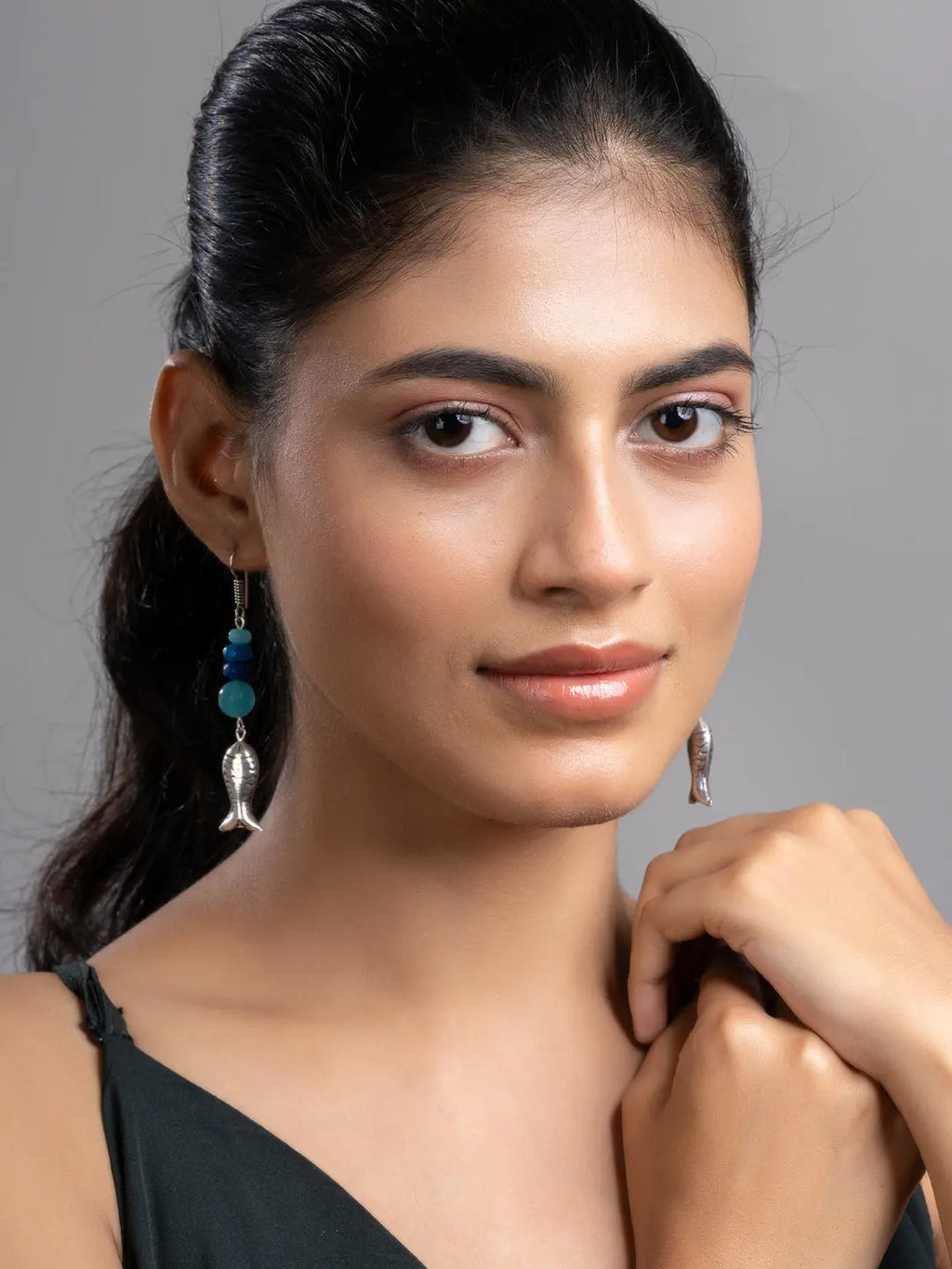 Turquoise Blue German Silver Onyx Agate Fish Earring LOOK AND ADORN - designed for you