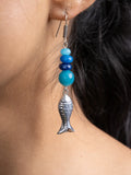 Turquoise Blue German Silver Onyx Agate Fish Earring LOOK AND ADORN - designed for you