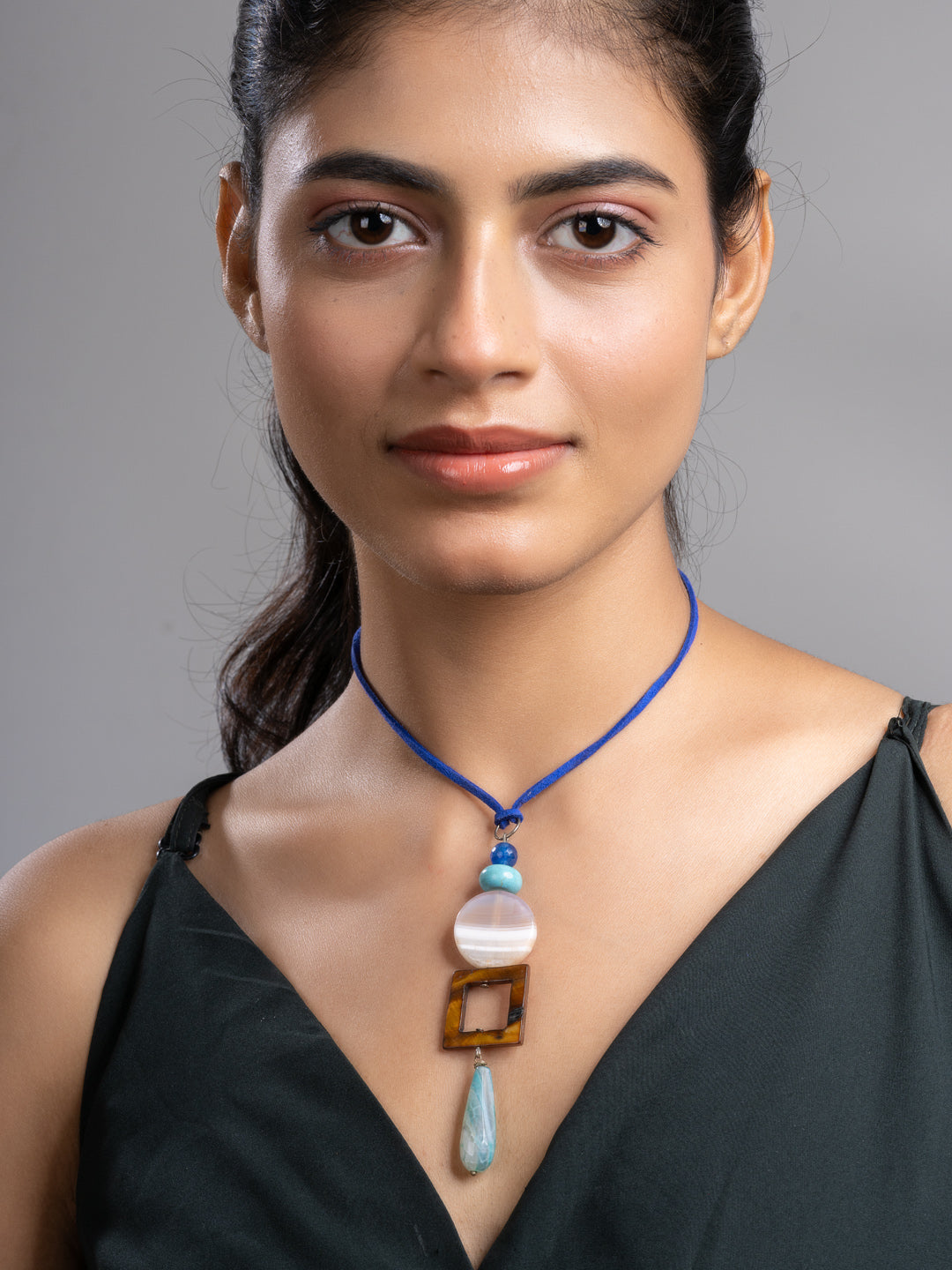 Pink White Brown Blue Onyx Agate Mother Of Pearl Turquoise Sleek Necklace With Adjustable Suede Cord