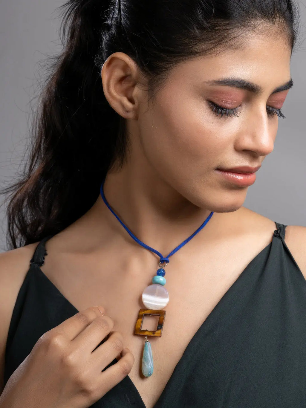 Pink White Brown Blue Onyx Agate Mother Of Pearl Turquoise Sleek Necklace With Adjustable Suede Cord LOOK AND ADORN - designed for you