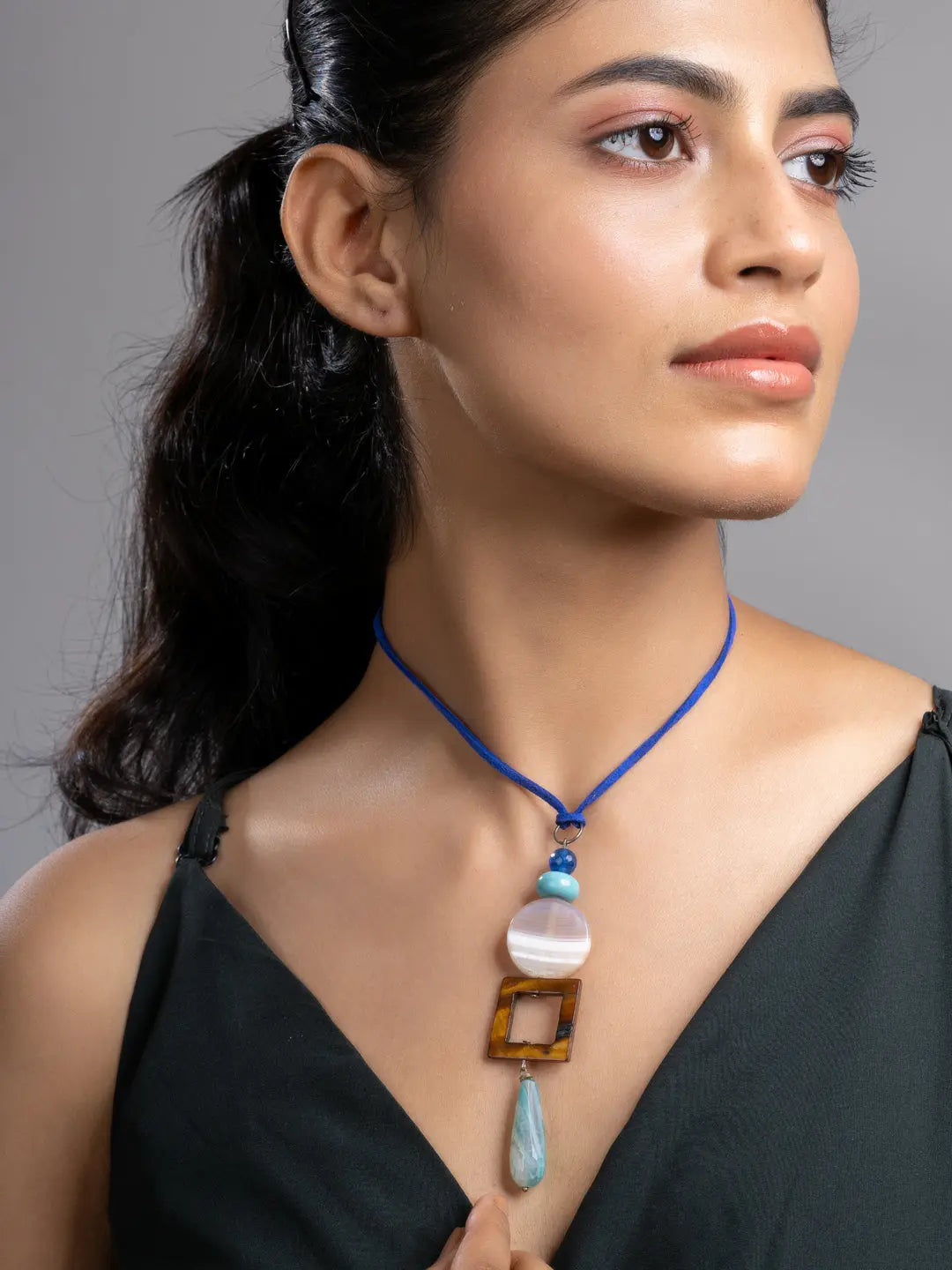 Pink White Brown Blue Onyx Agate Mother Of Pearl Turquoise Sleek Necklace With Adjustable Suede Cord LOOK AND ADORN - designed for you