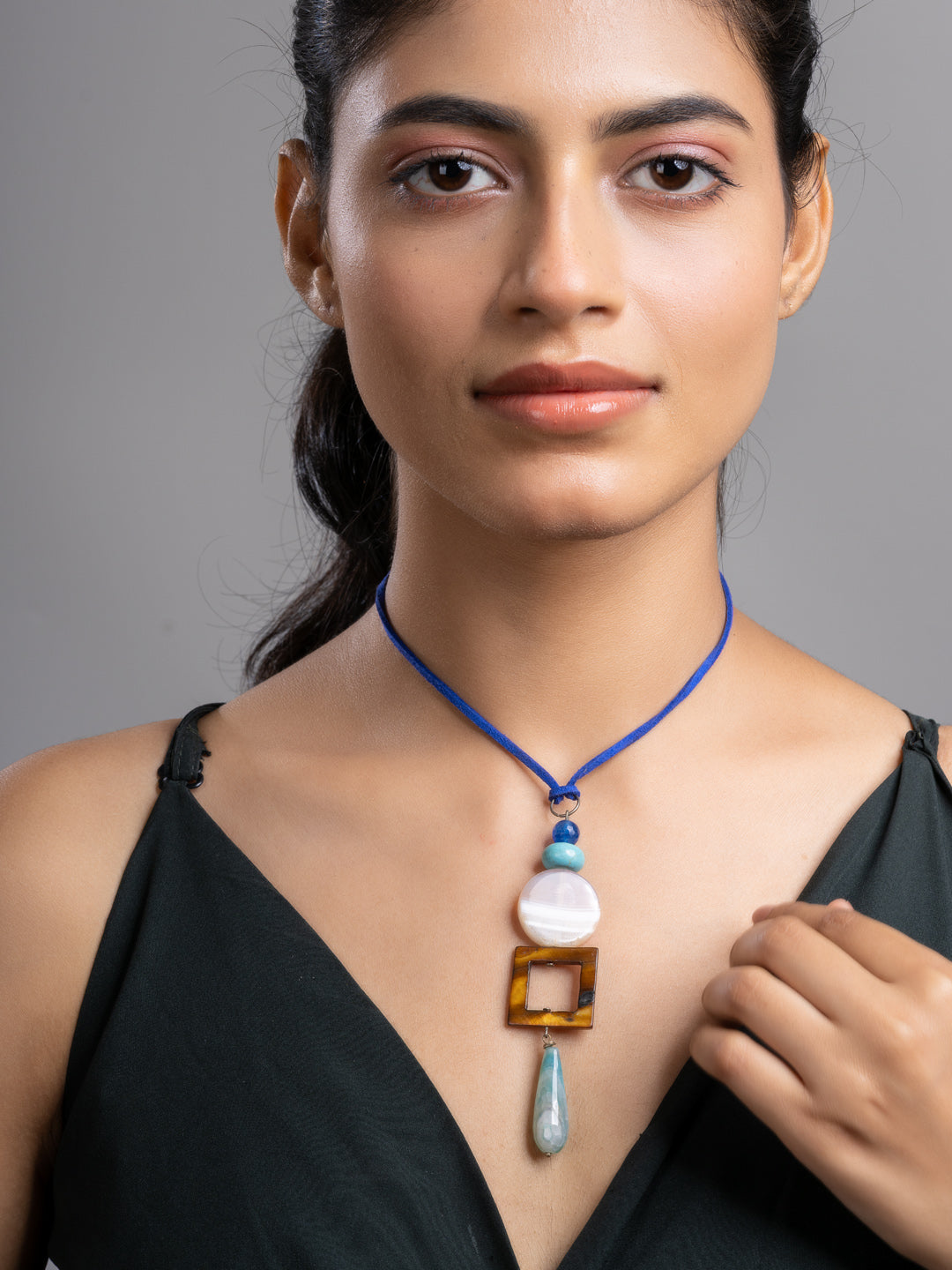 Pink White Brown Blue Onyx Agate Mother Of Pearl Turquoise Sleek Necklace With Adjustable Suede Cord