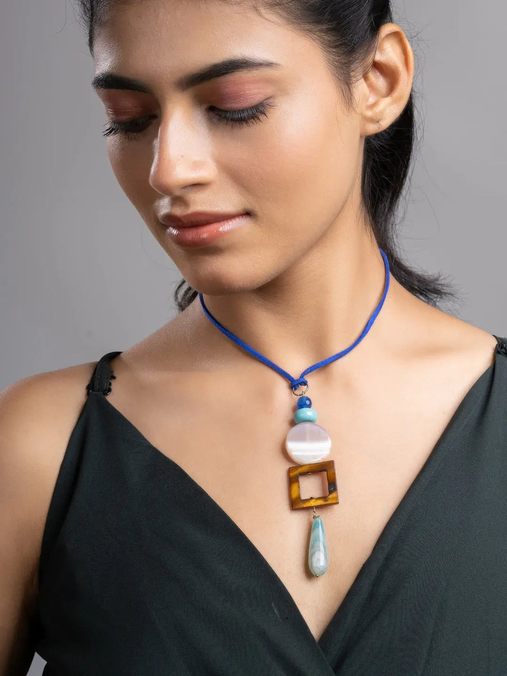 Pink White Brown Blue Onyx Agate Mother Of Pearl Turquoise Sleek Necklace With Adjustable Suede Cord LOOK AND ADORN - designed for you