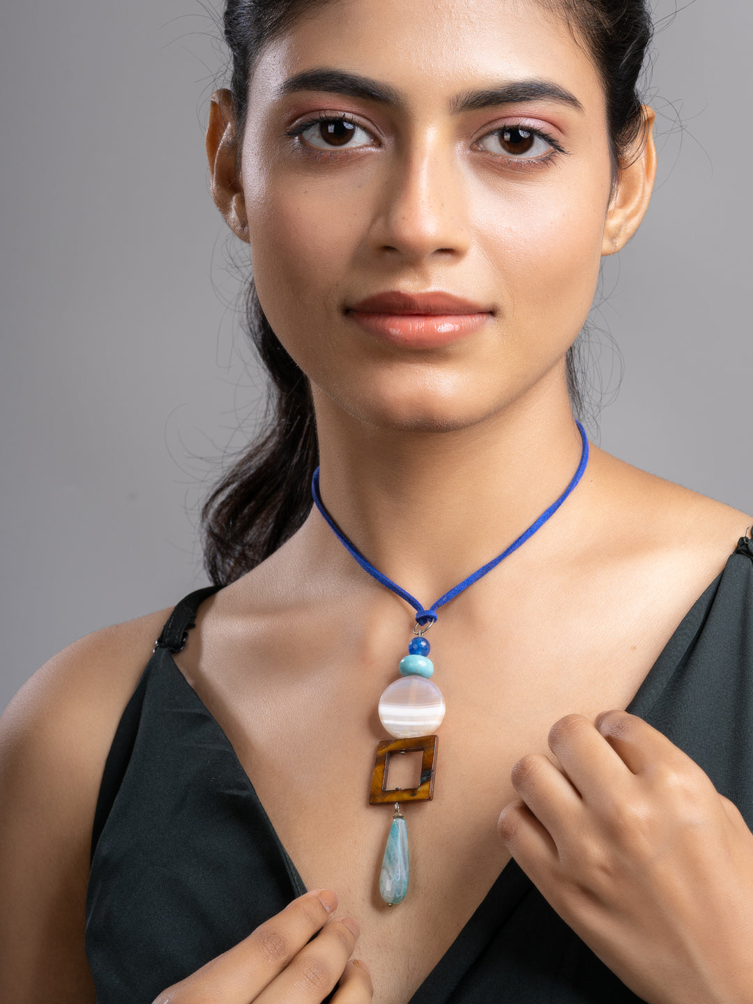 Pink White Brown Blue Onyx Agate Mother Of Pearl Turquoise Sleek Necklace With Adjustable Suede Cord