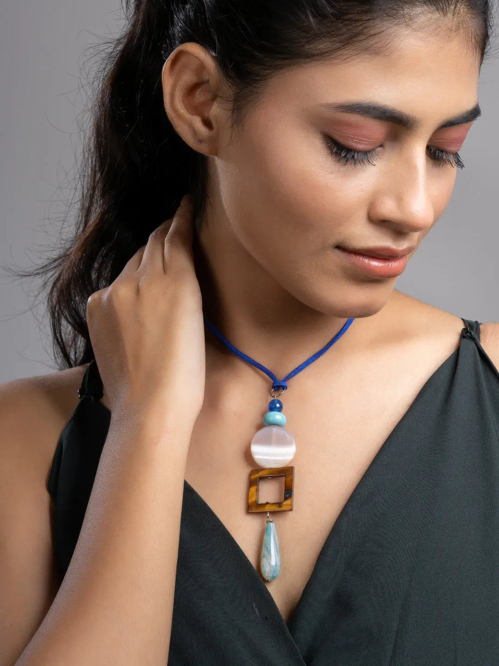 Pink White Brown Blue Onyx Agate Mother Of Pearl Turquoise Sleek Necklace With Adjustable Suede Cord LOOK AND ADORN - designed for you