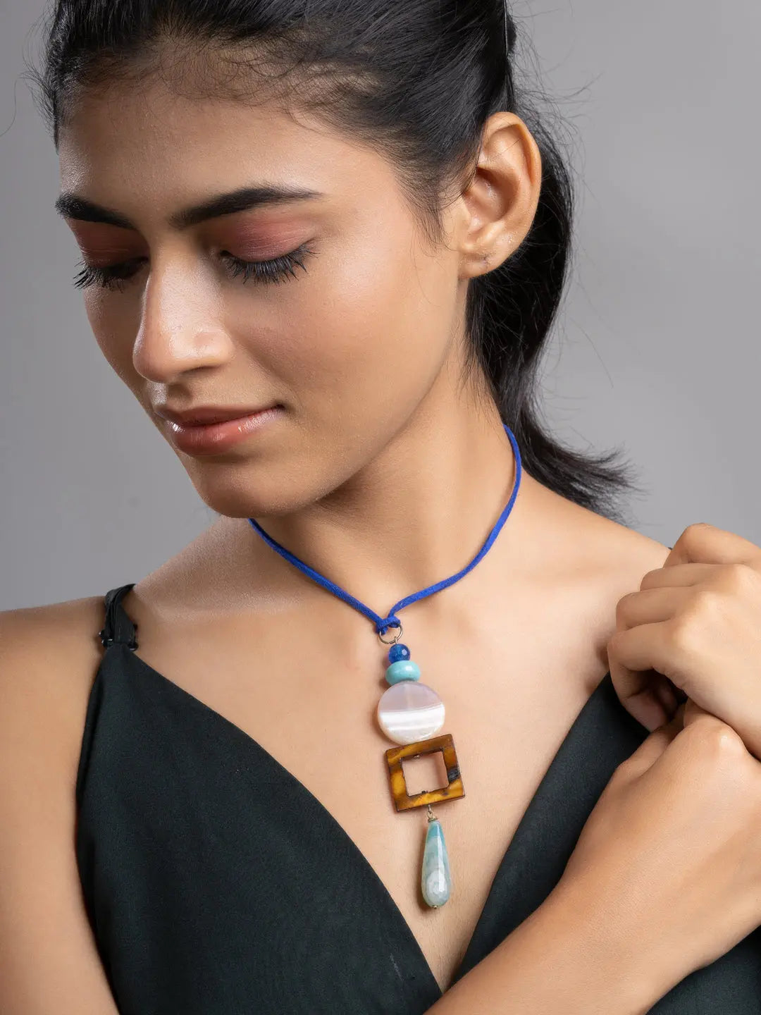 Pink White Brown Blue Onyx Agate Mother Of Pearl Turquoise Sleek Necklace With Adjustable Suede Cord LOOK AND ADORN - designed for you