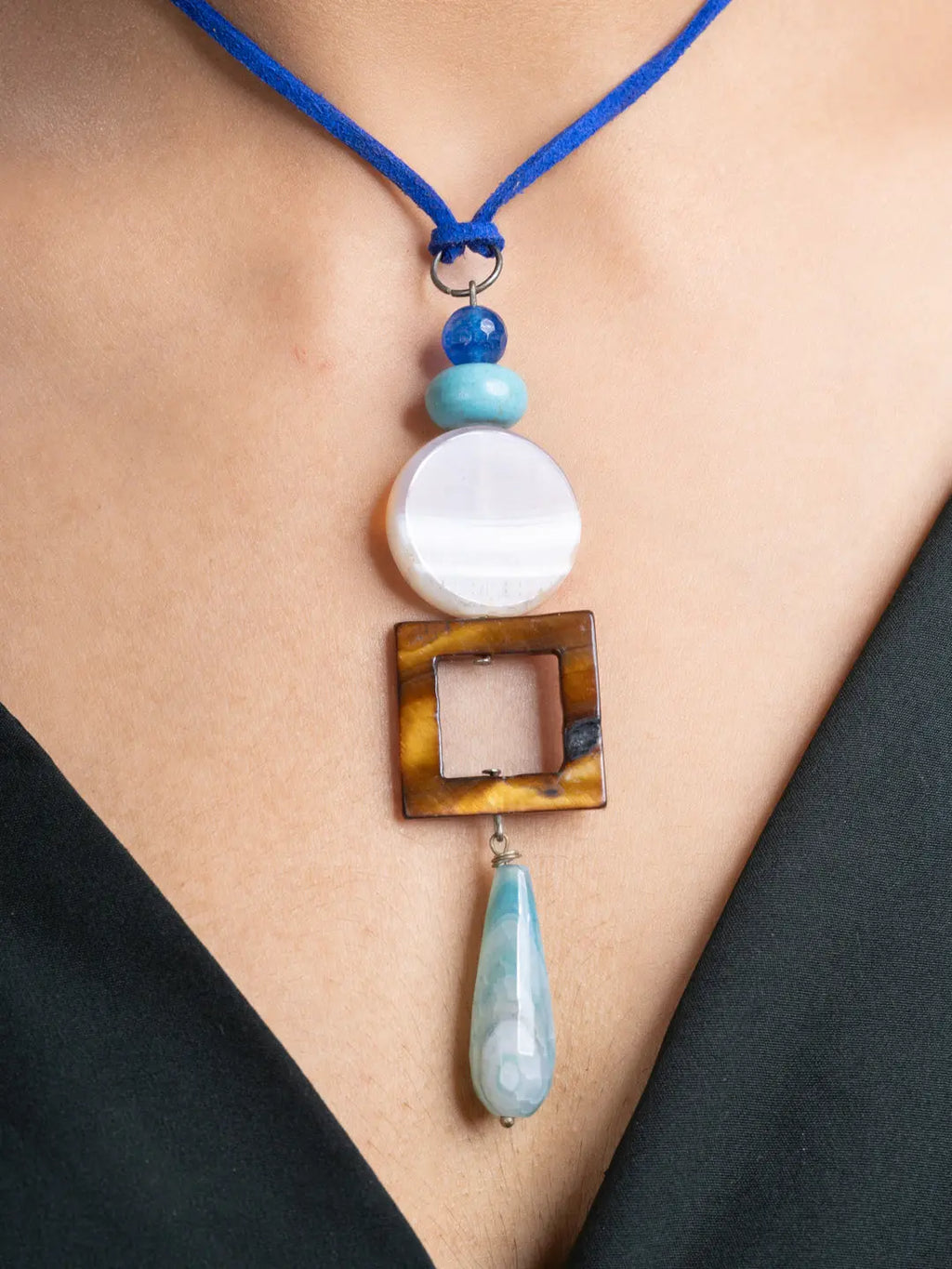 Pink White Brown Blue Onyx Agate Mother Of Pearl Turquoise Sleek Necklace With Adjustable Suede Cord LOOK AND ADORN - designed for you