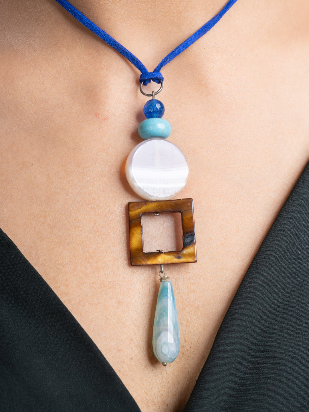 Pink White Brown Blue Onyx Agate Mother Of Pearl Turquoise Sleek Necklace With Adjustable Suede Cord