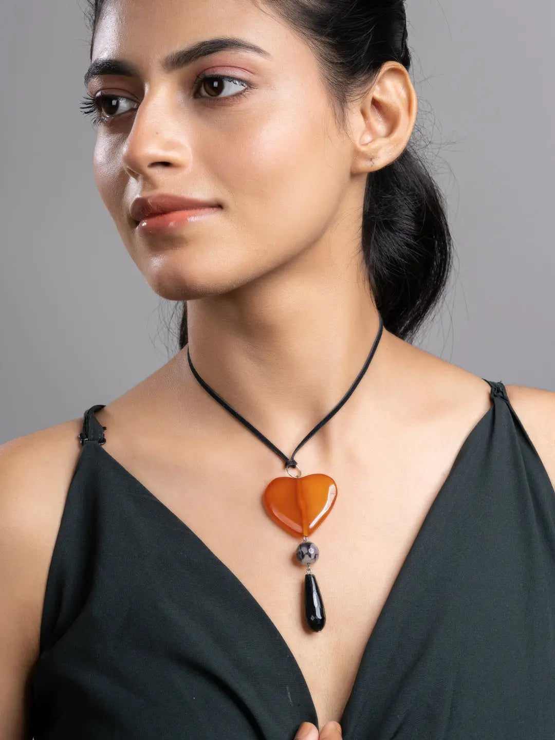Brown Black Onyx Agate Heart Sleek Necklace With Adjustable Suede Cord LOOK AND ADORN - designed for you