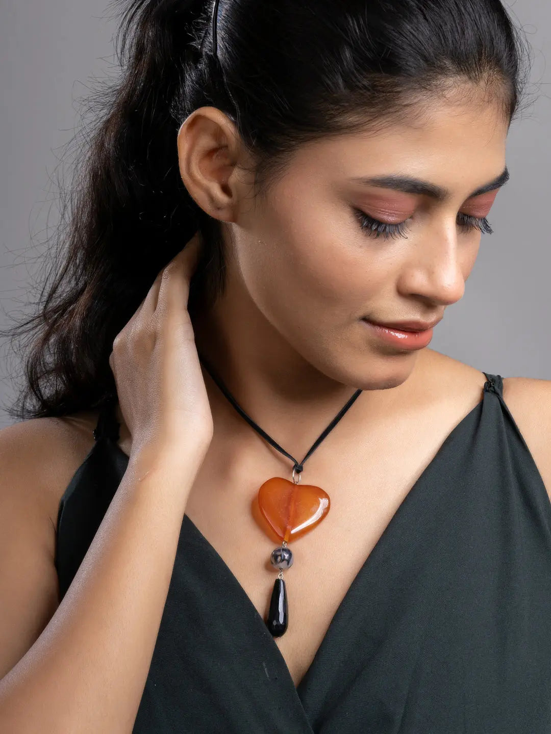 Brown Black Onyx Agate Heart Sleek Necklace With Adjustable Suede Cord LOOK AND ADORN - designed for you