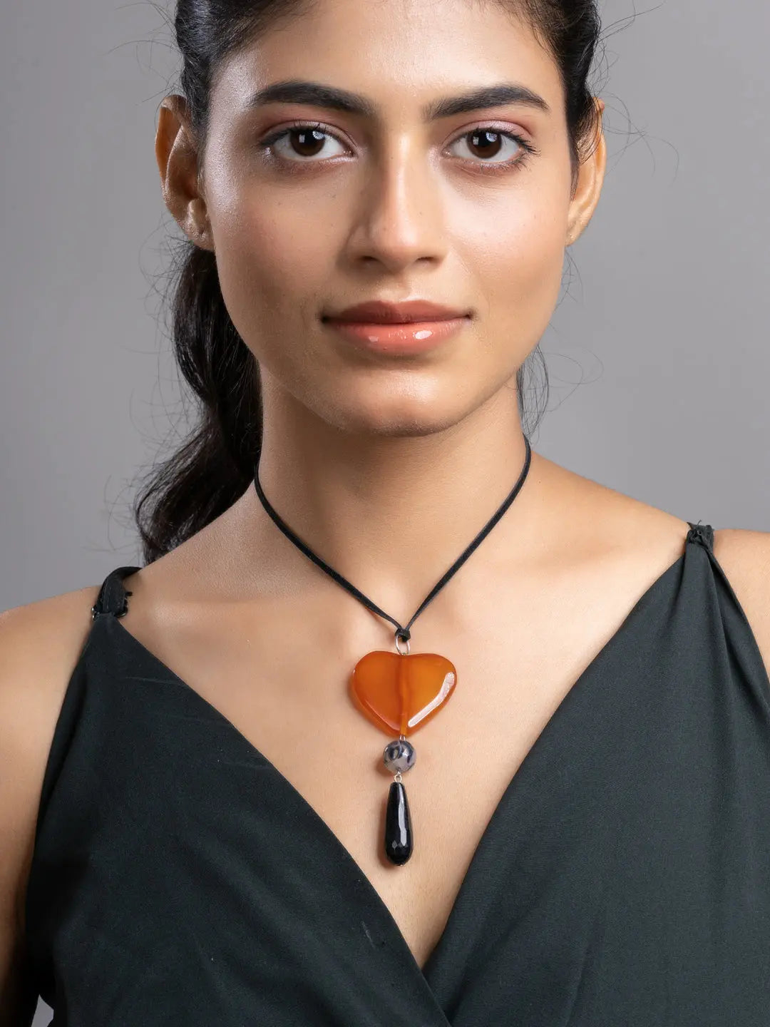 Brown Black Onyx Agate Heart Sleek Necklace With Adjustable Suede Cord LOOK AND ADORN - designed for you