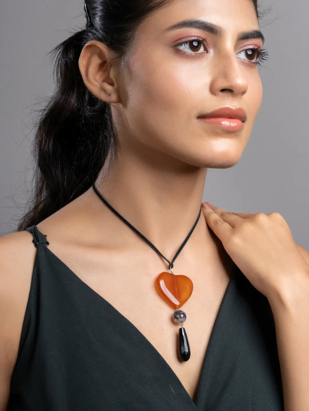 Brown Black Onyx Agate Heart Sleek Necklace With Adjustable Suede Cord LOOK AND ADORN - designed for you
