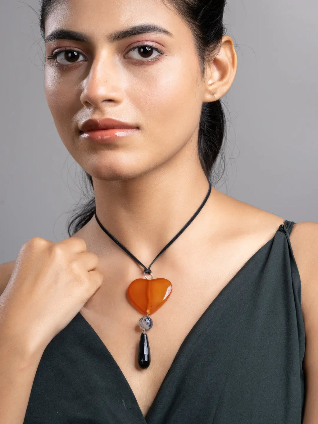 Brown Black Onyx Agate Heart Sleek Necklace With Adjustable Suede Cord LOOK AND ADORN - designed for you