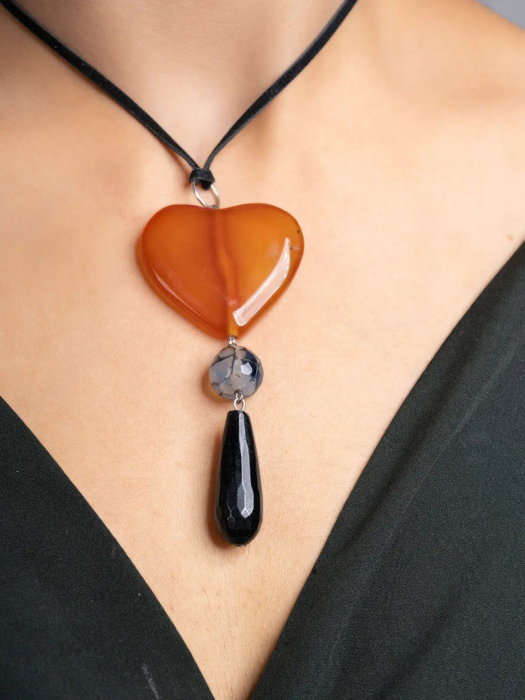 Brown Black Onyx Agate Heart Sleek Necklace With Adjustable Suede Cord LOOK AND ADORN - designed for you