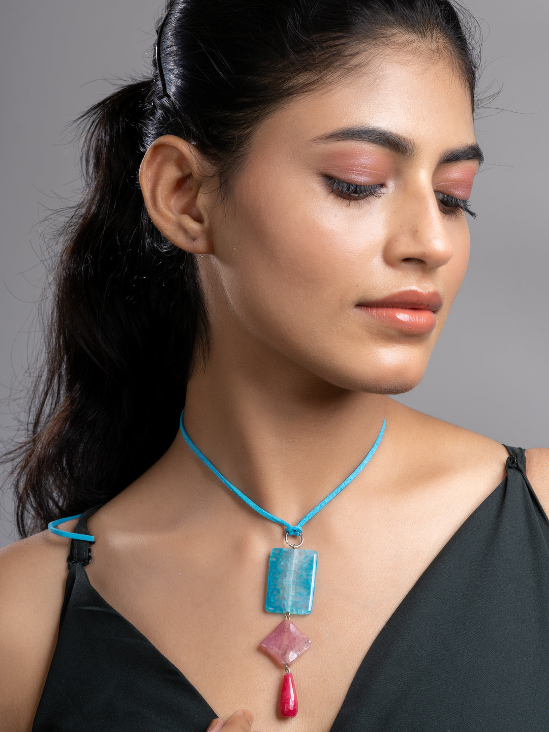 Pink Blue Druzy Onyx Agate  Sleek Necklace With Adjustable Suede Cord