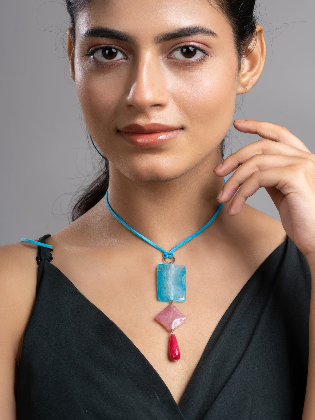 Pink Blue Druzy Onyx Agate  Sleek Necklace With Adjustable Suede Cord