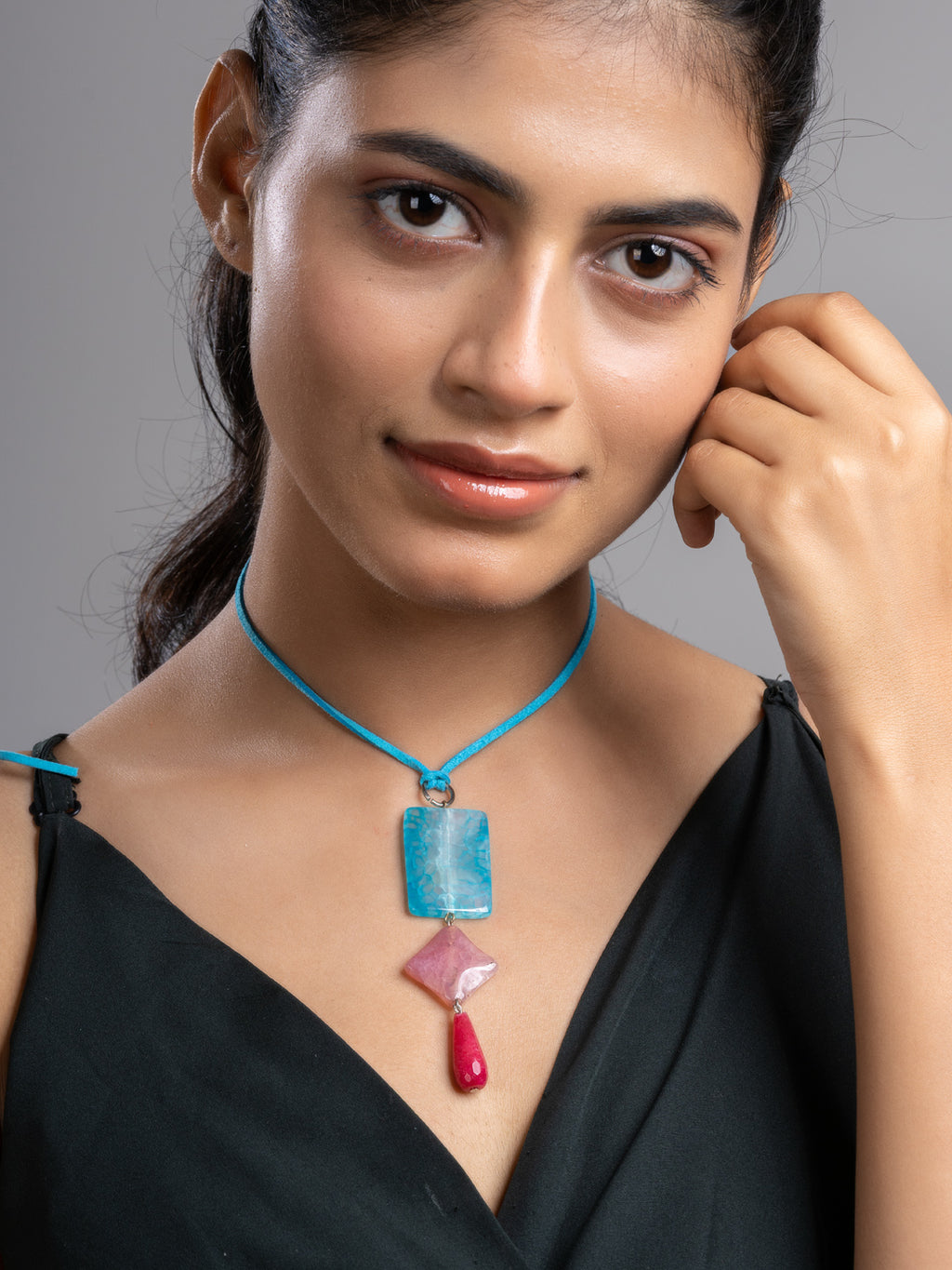 Pink Blue Druzy Onyx Agate  Sleek Necklace With Adjustable Suede Cord