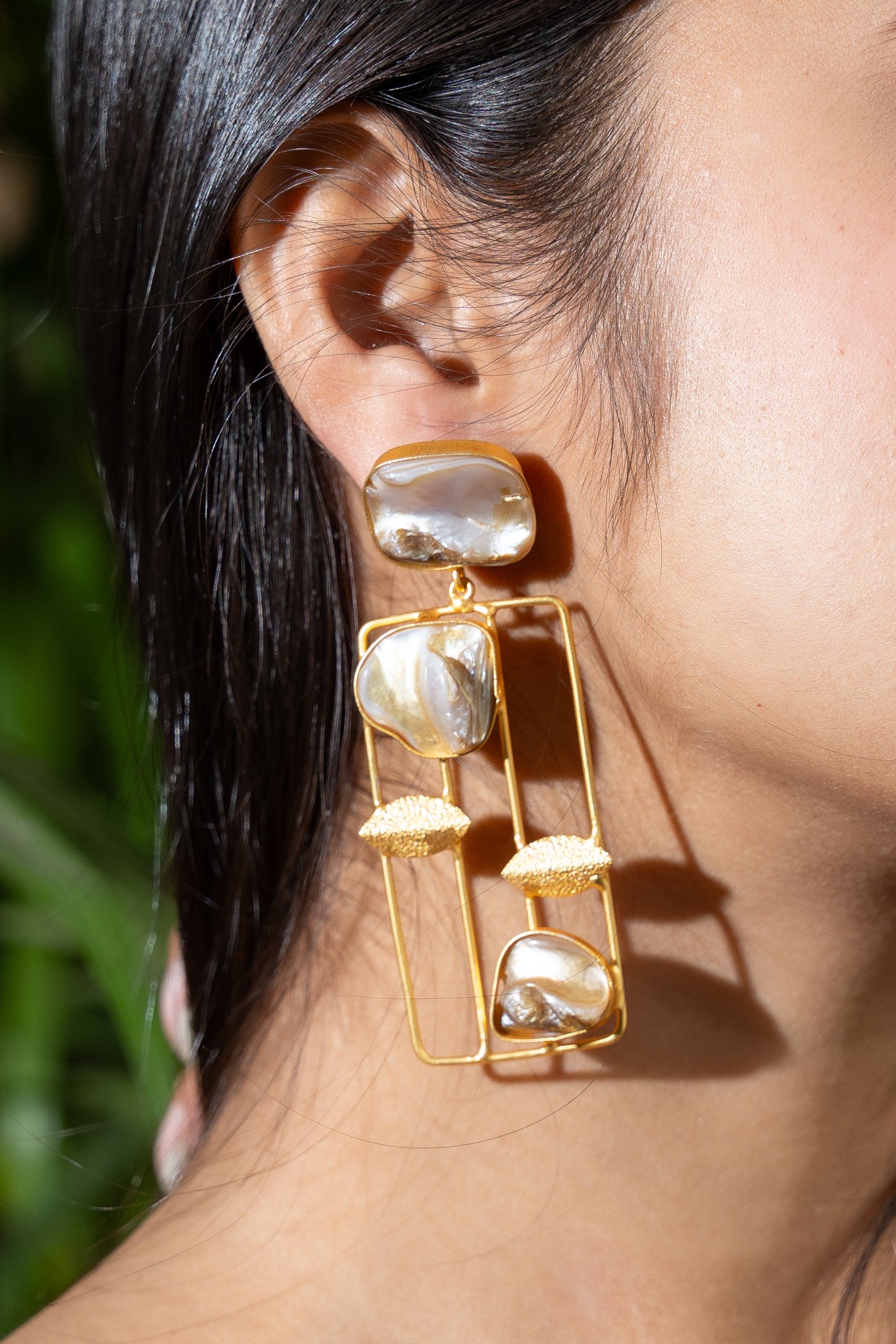 Designer semi precious Mother of Pearl Brass Stud Dangler Earring