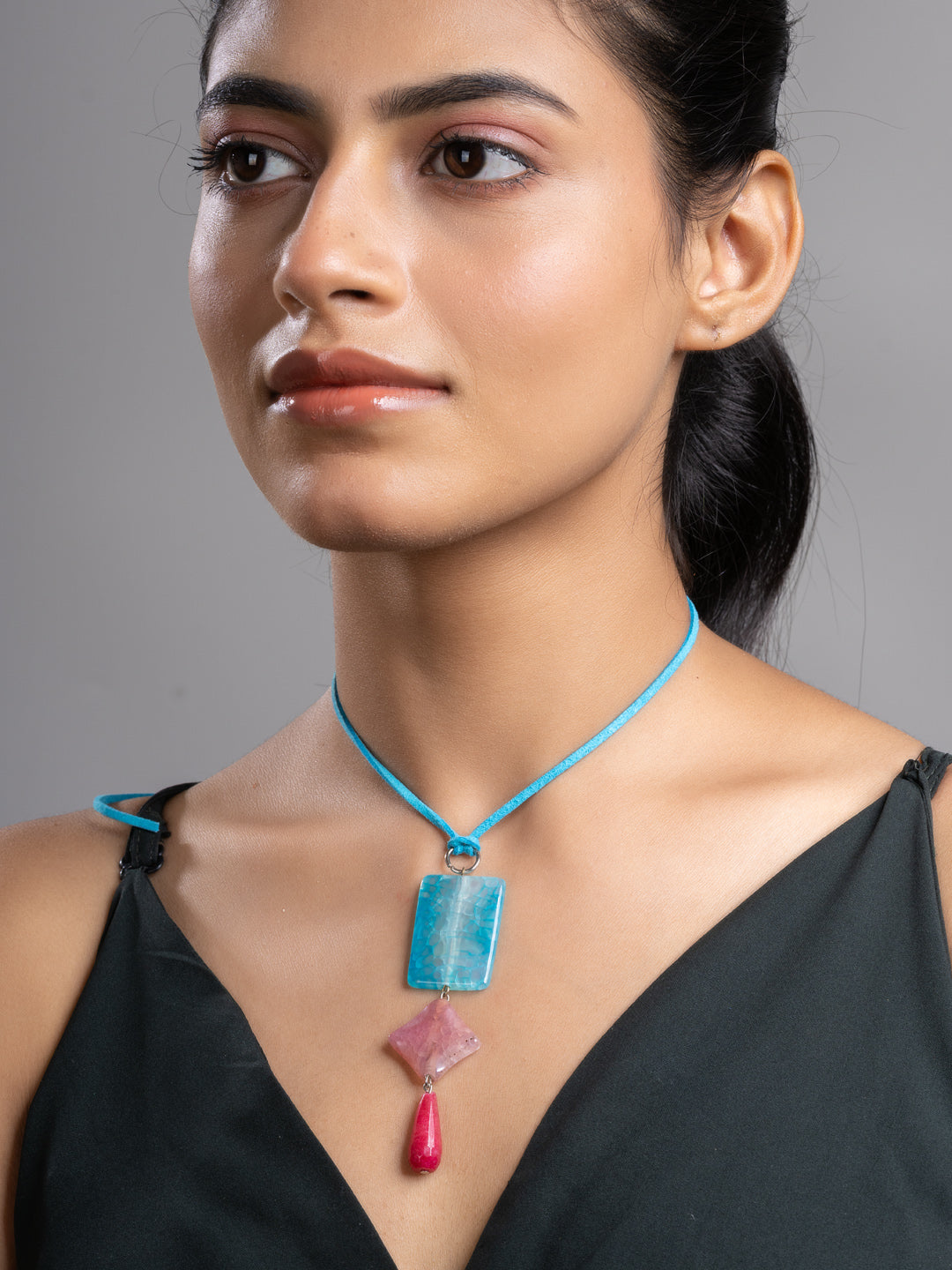 Pink Blue Druzy Onyx Agate  Sleek Necklace With Adjustable Suede Cord