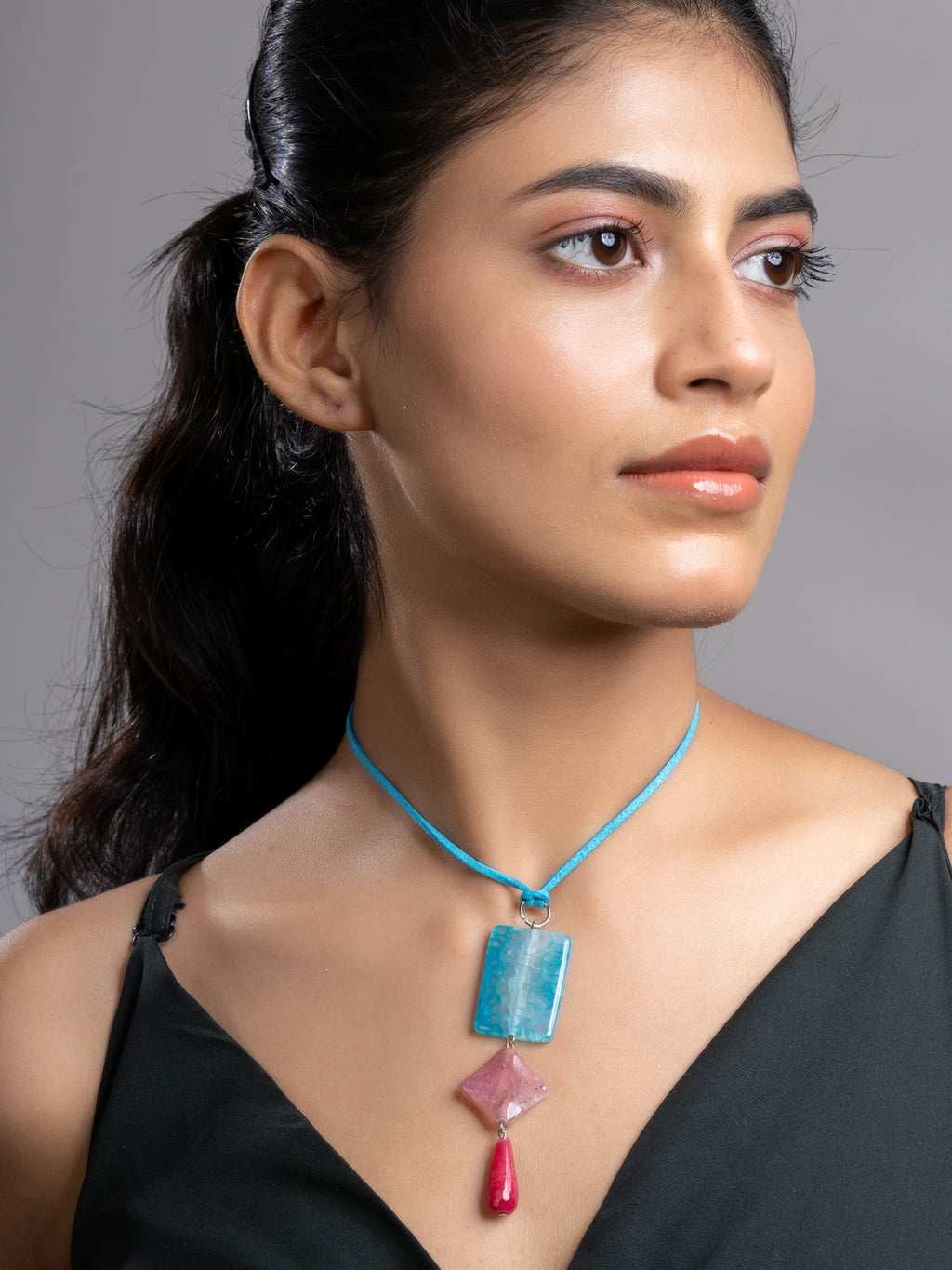 Pink Blue Druzy Onyx Agate  Sleek Necklace With Adjustable Suede Cord