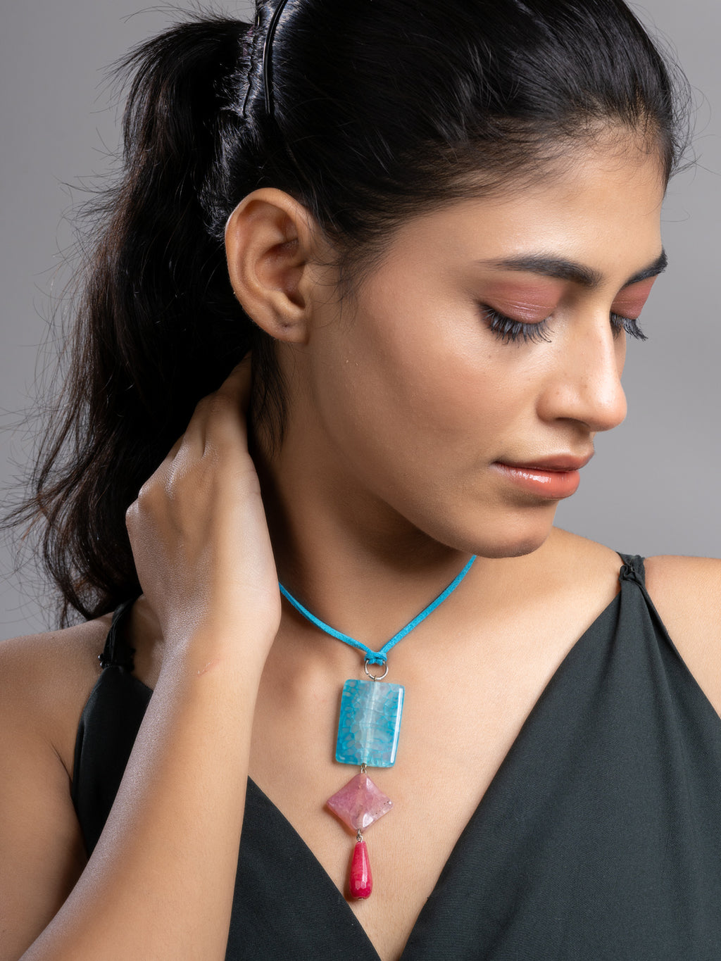Pink Blue Druzy Onyx Agate  Sleek Necklace With Adjustable Suede Cord