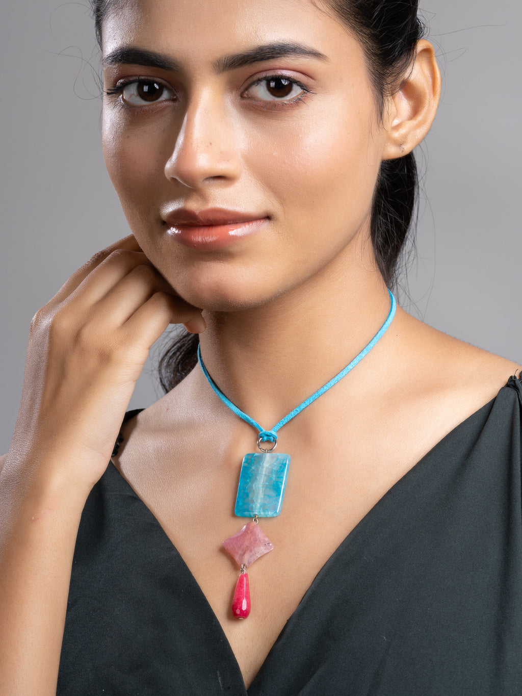 Pink Blue Druzy Onyx Agate  Sleek Necklace With Adjustable Suede Cord