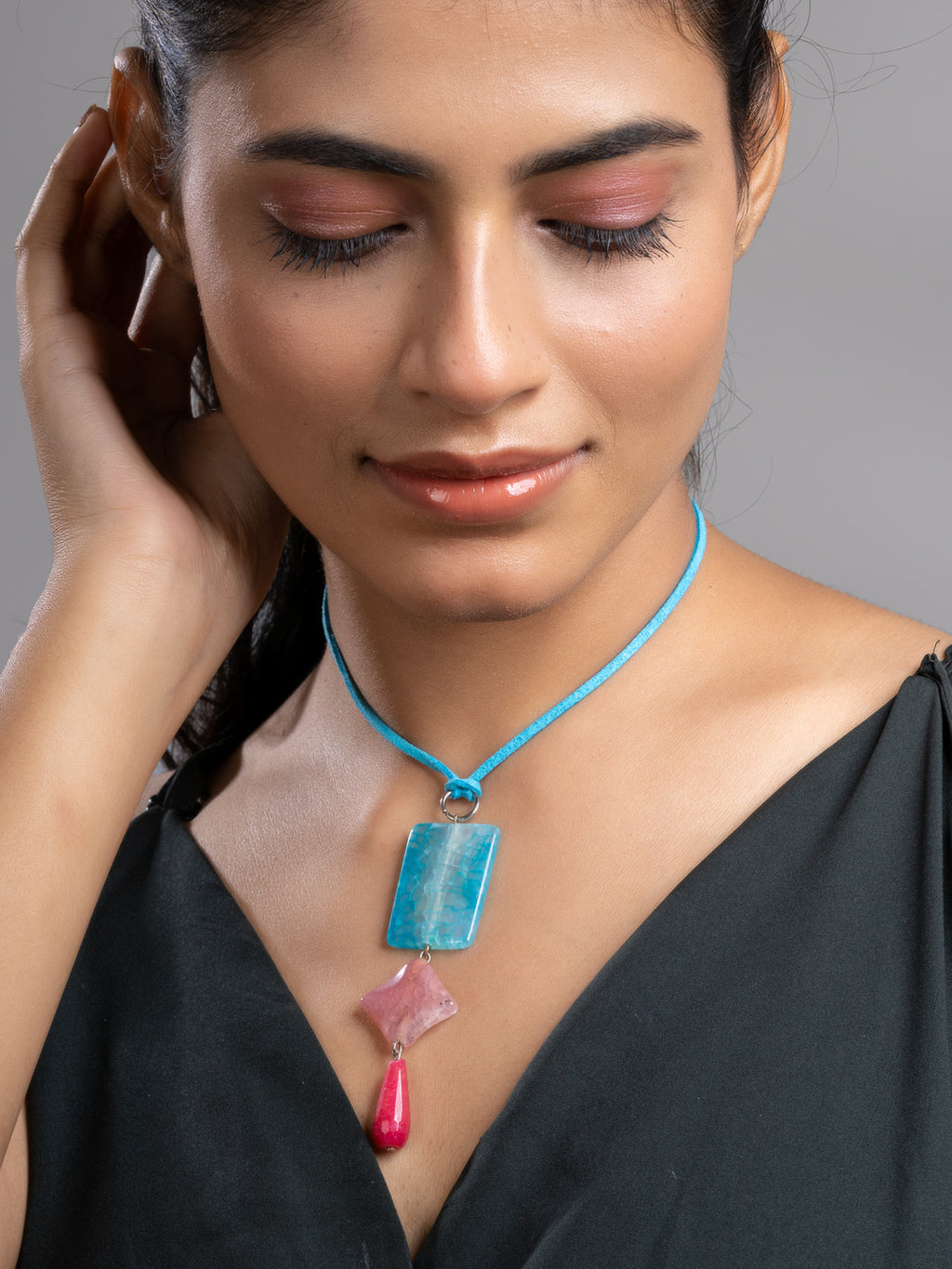 Pink Blue Druzy Onyx Agate  Sleek Necklace With Adjustable Suede Cord