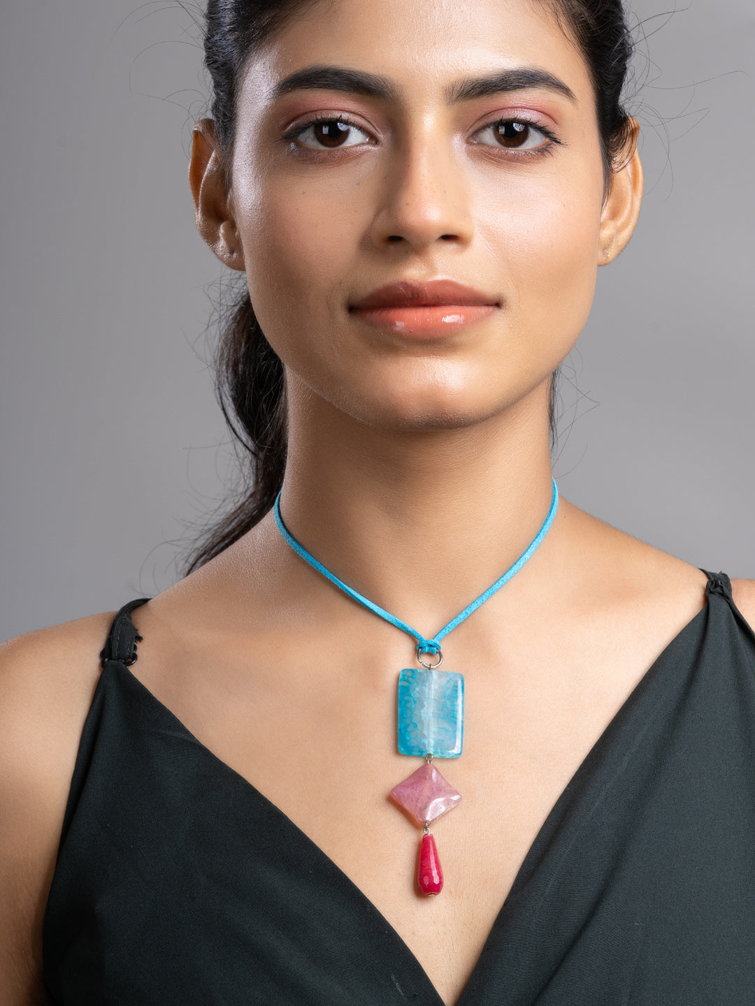 Pink Blue Druzy Onyx Agate  Sleek Necklace With Adjustable Suede Cord