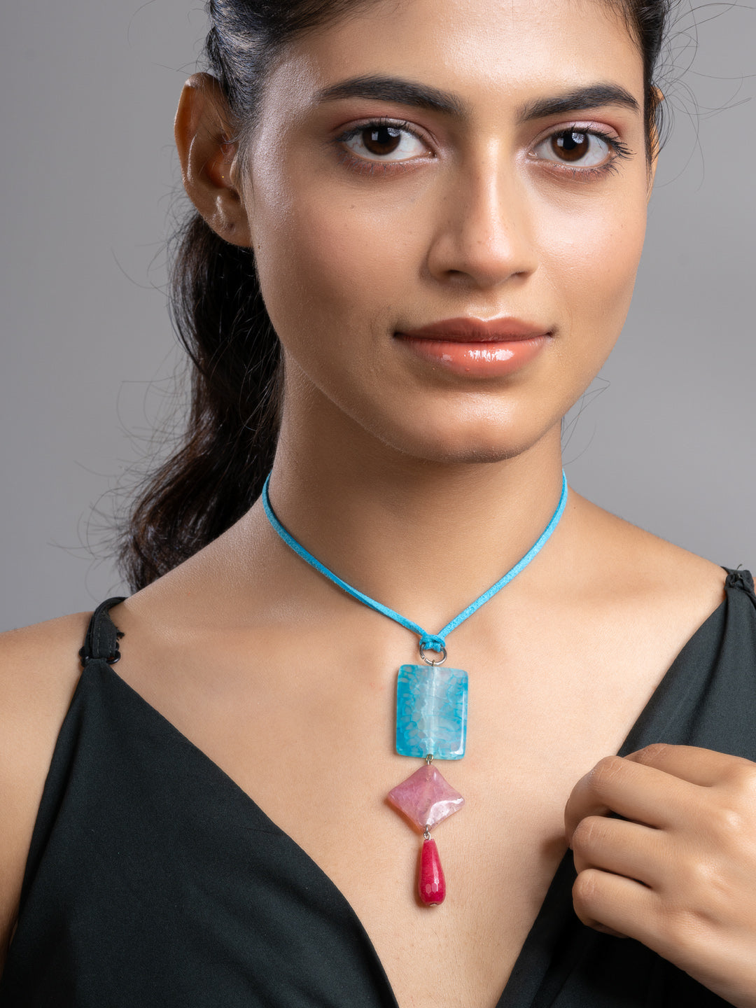 Pink Blue Druzy Onyx Agate  Sleek Necklace With Adjustable Suede Cord