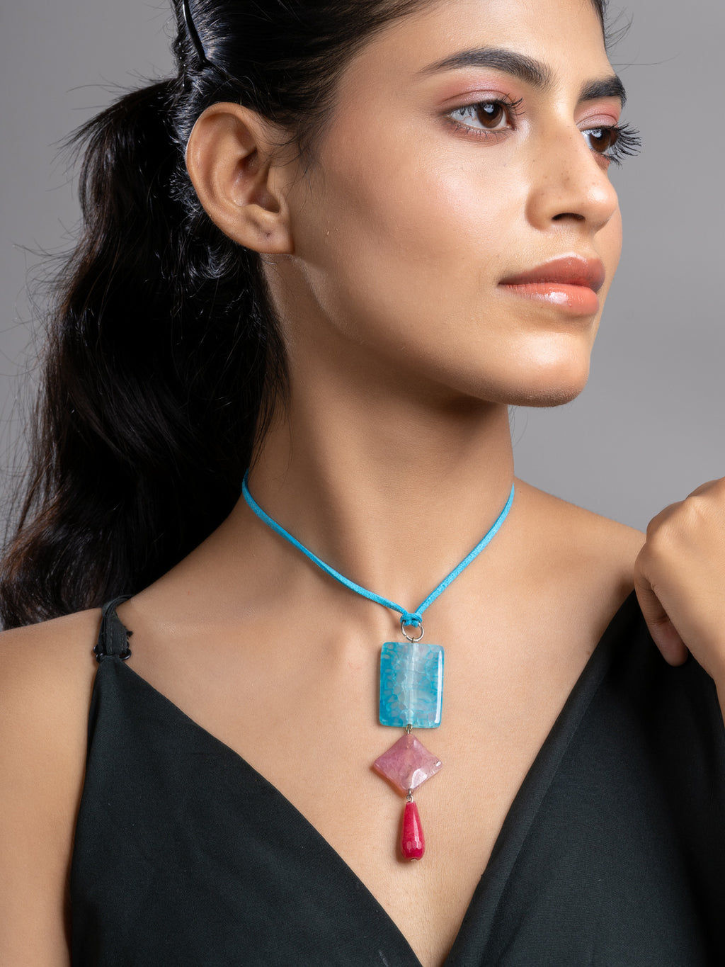 Pink Blue Druzy Onyx Agate  Sleek Necklace With Adjustable Suede Cord