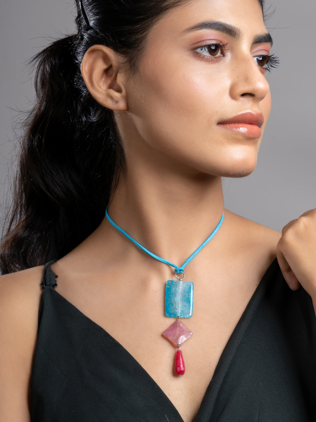 Pink Blue Druzy Onyx Agate  Sleek Necklace With Adjustable Suede Cord