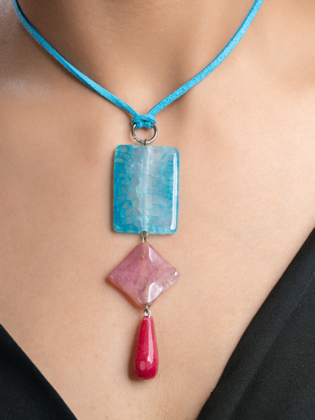 Pink Blue Druzy Onyx Agate  Sleek Necklace With Adjustable Suede Cord