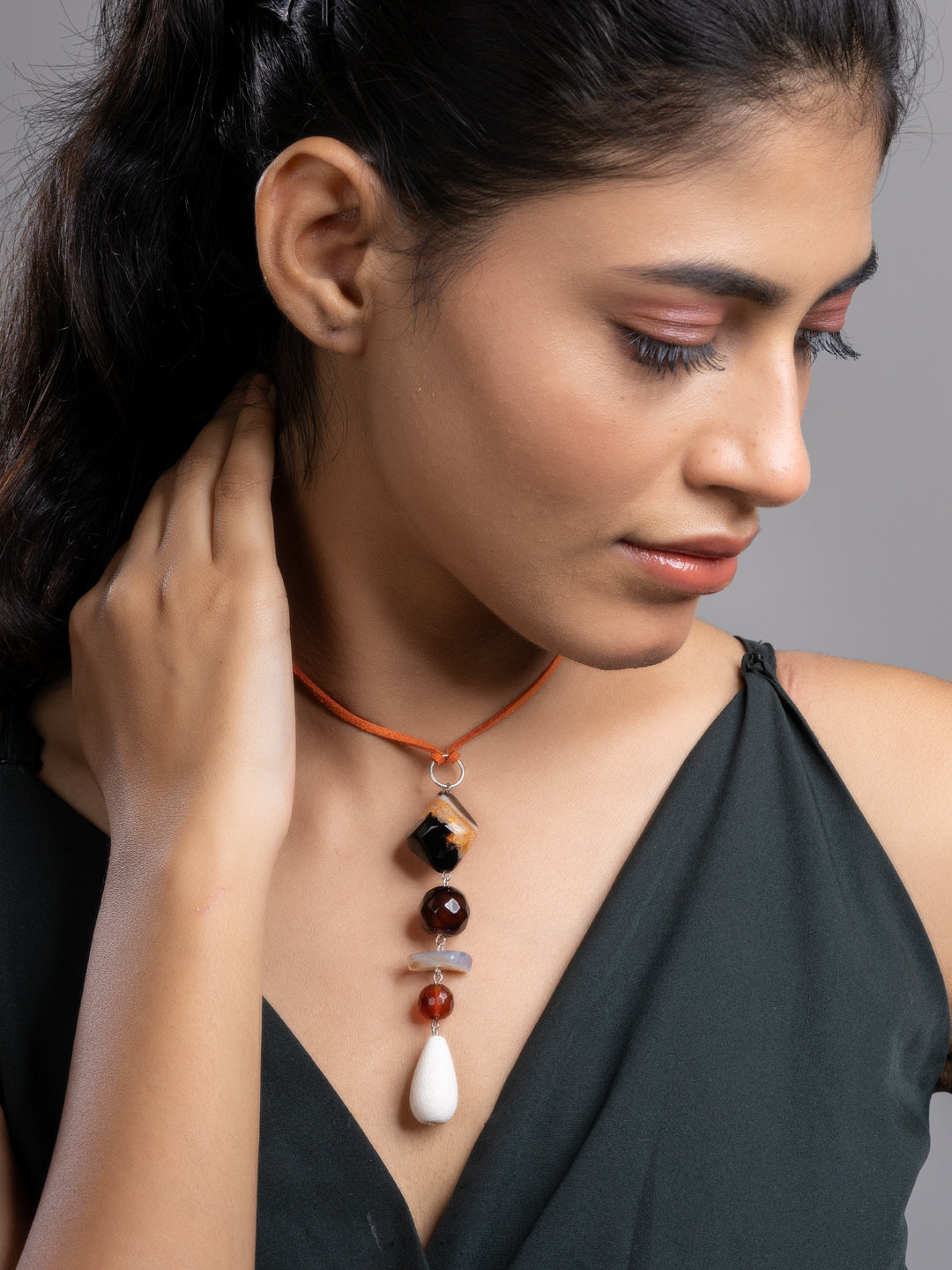 Brown Black White Onyx Agate Lava Sleek Necklace With Adjustable Suede Cord