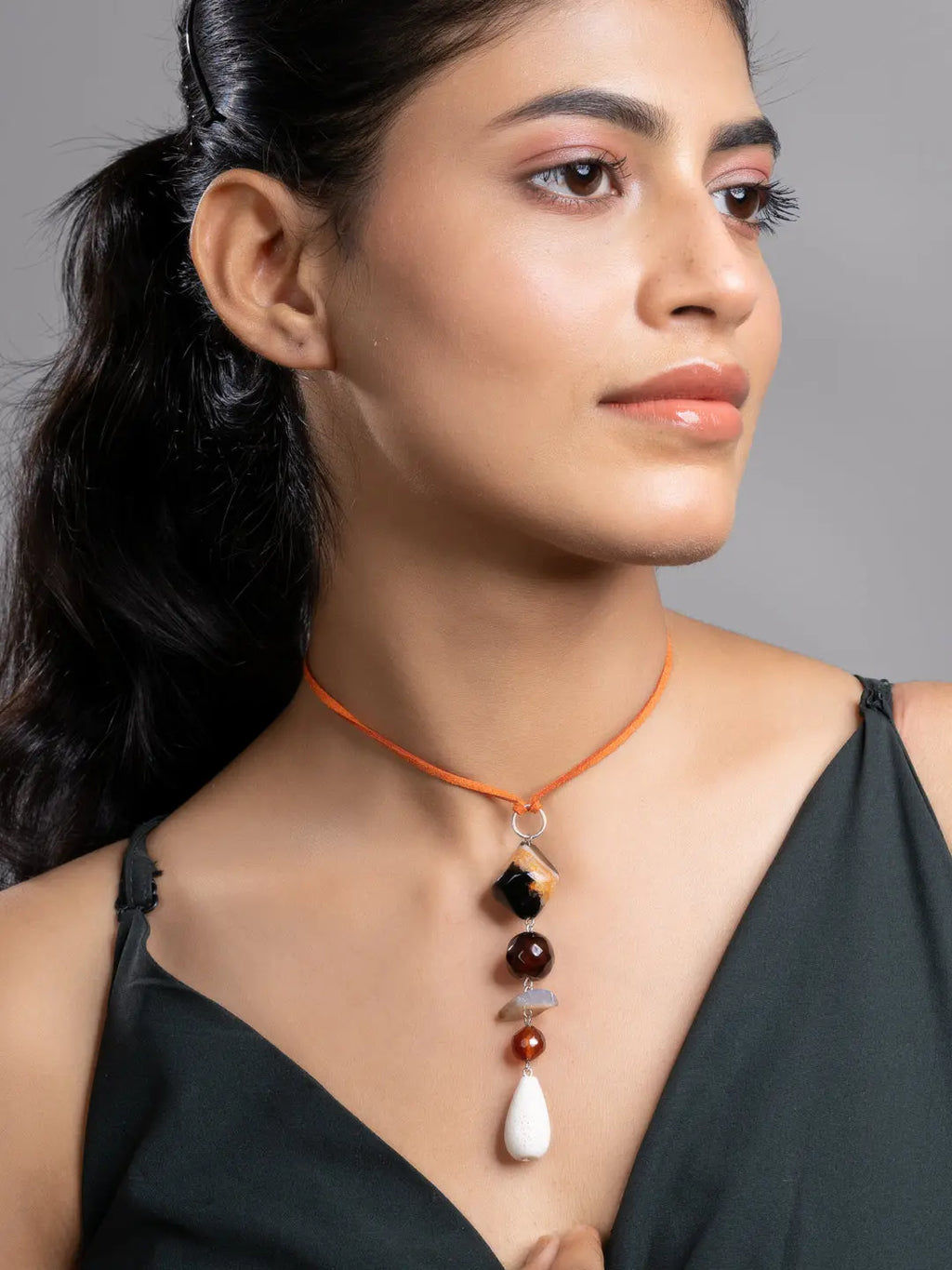 Brown Black White Onyx Agate Lava Sleek Necklace With Adjustable Suede Cord LOOK AND ADORN - designed for you
