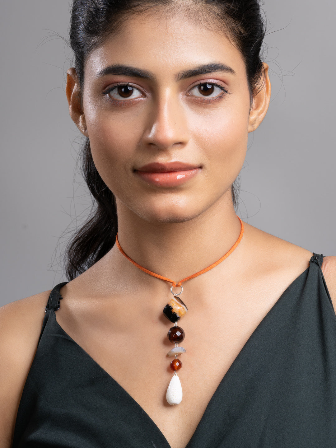 Brown Black White Onyx Agate Lava Sleek Necklace With Adjustable Suede Cord