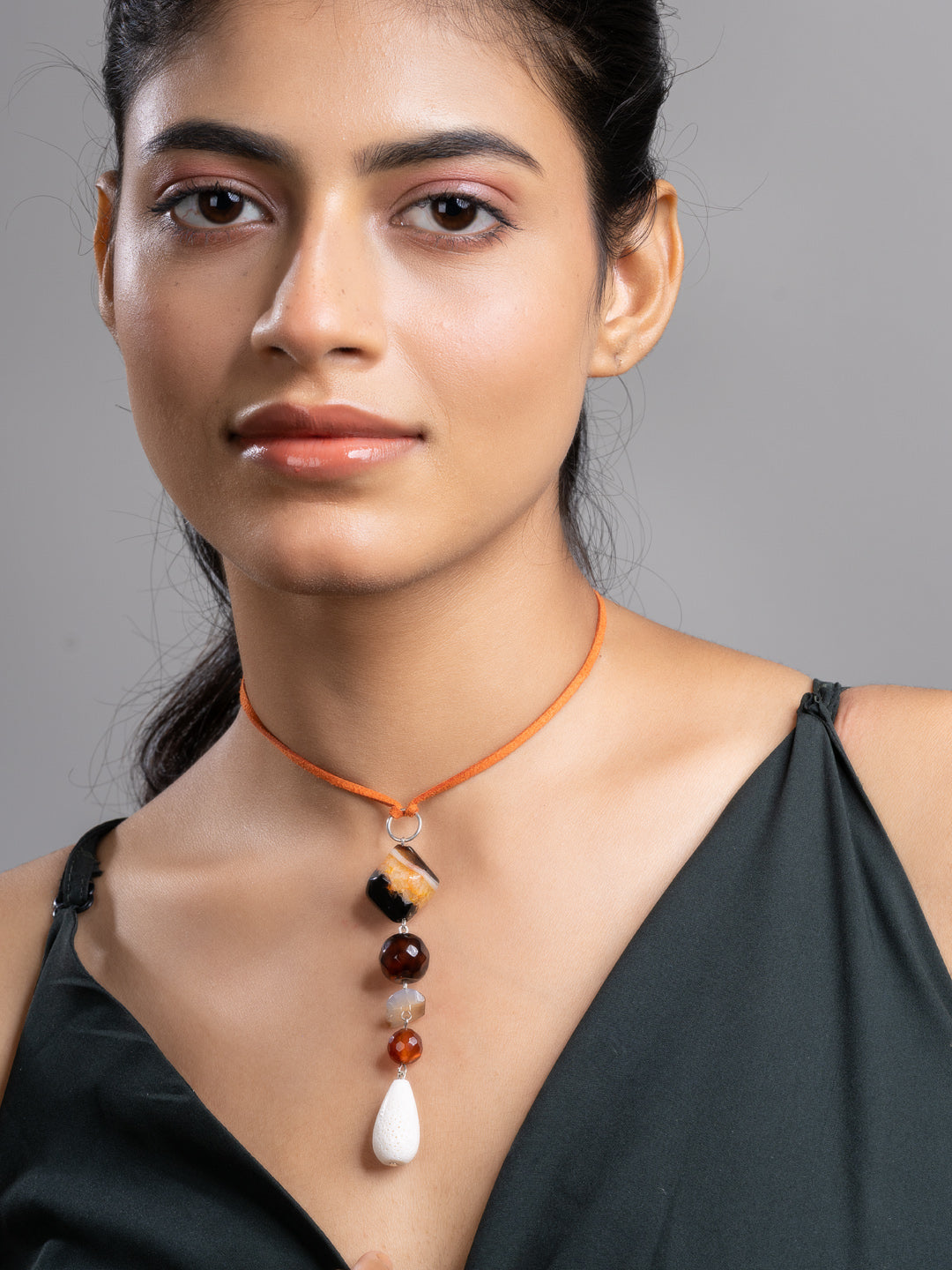 Brown Black White Onyx Agate Lava Sleek Necklace With Adjustable Suede Cord