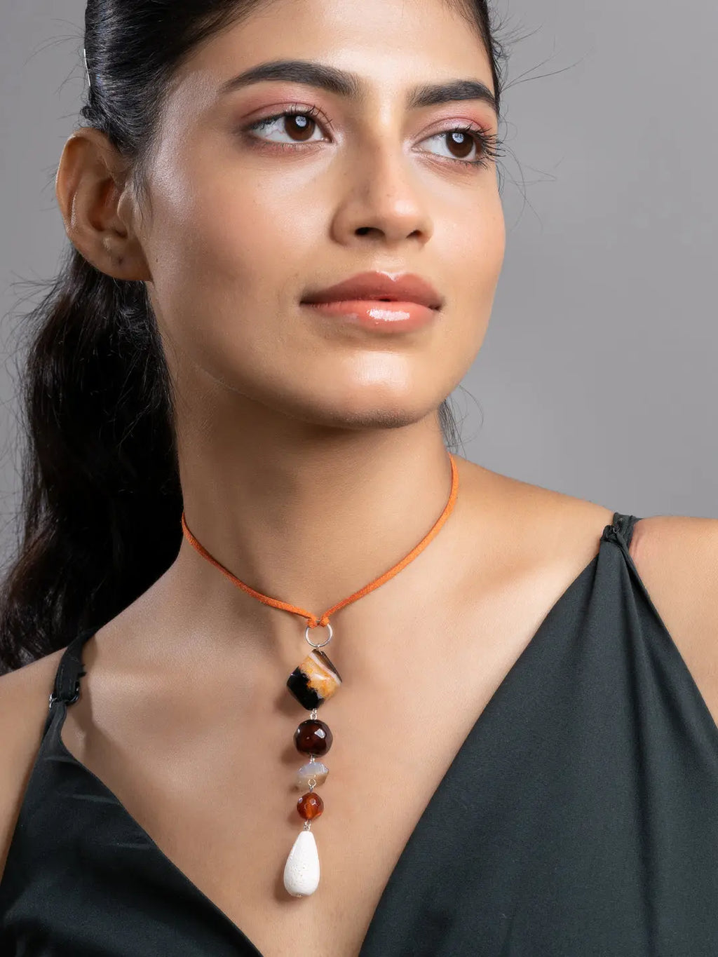 Brown Black White Onyx Agate Lava Sleek Necklace With Adjustable Suede Cord LOOK AND ADORN - designed for you