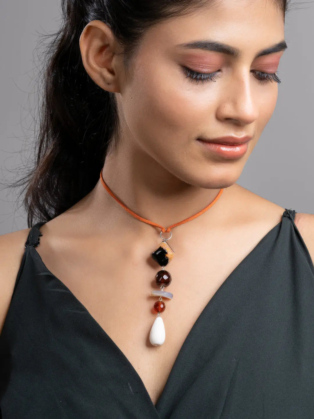 Brown Black White Onyx Agate Lava Sleek Necklace With Adjustable Suede Cord LOOK AND ADORN - designed for you