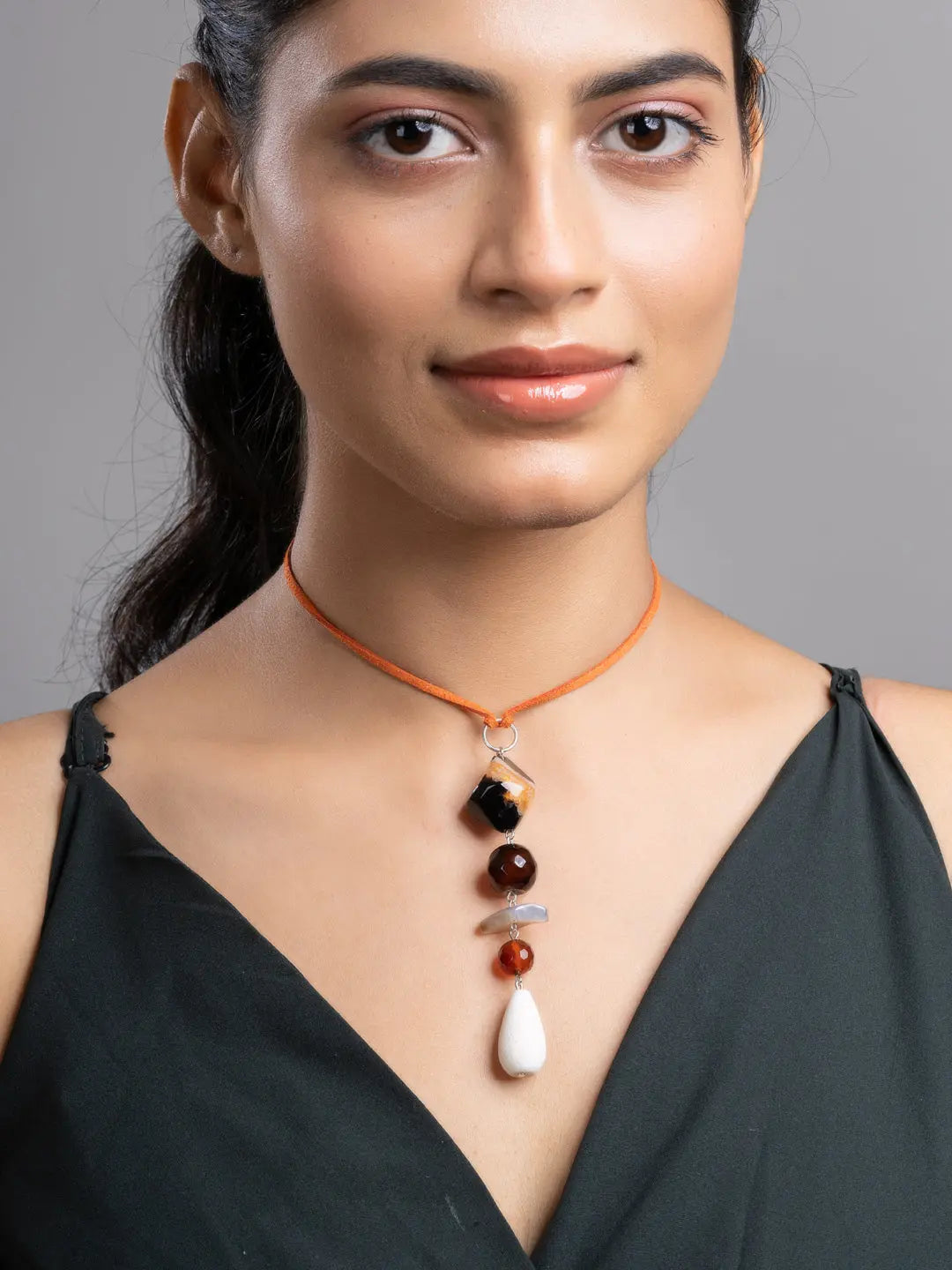 Brown Black White Onyx Agate Lava Sleek Necklace With Adjustable Suede Cord LOOK AND ADORN - designed for you