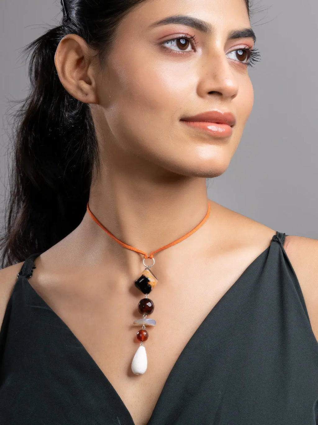 Brown Black White Onyx Agate Lava Sleek Necklace With Adjustable Suede Cord LOOK AND ADORN - designed for you