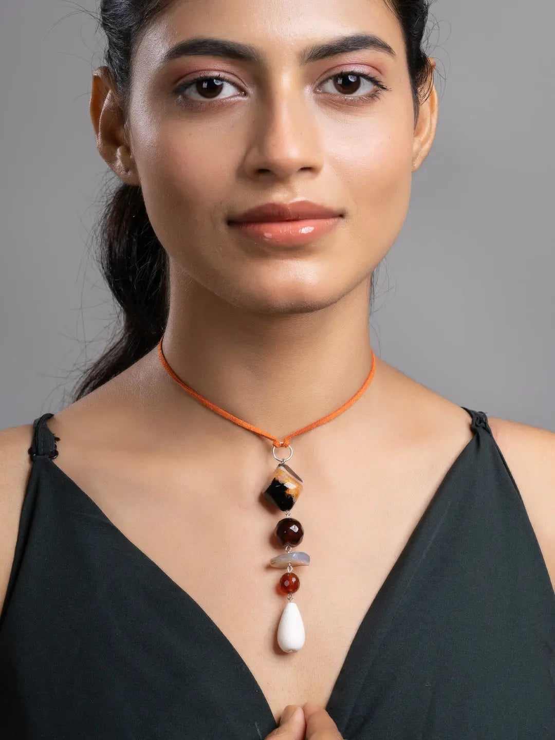 Brown Black White Onyx Agate Lava Sleek Necklace With Adjustable Suede Cord LOOK AND ADORN - designed for you